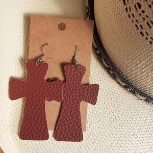 Brown Faux Leather Cross Earrings